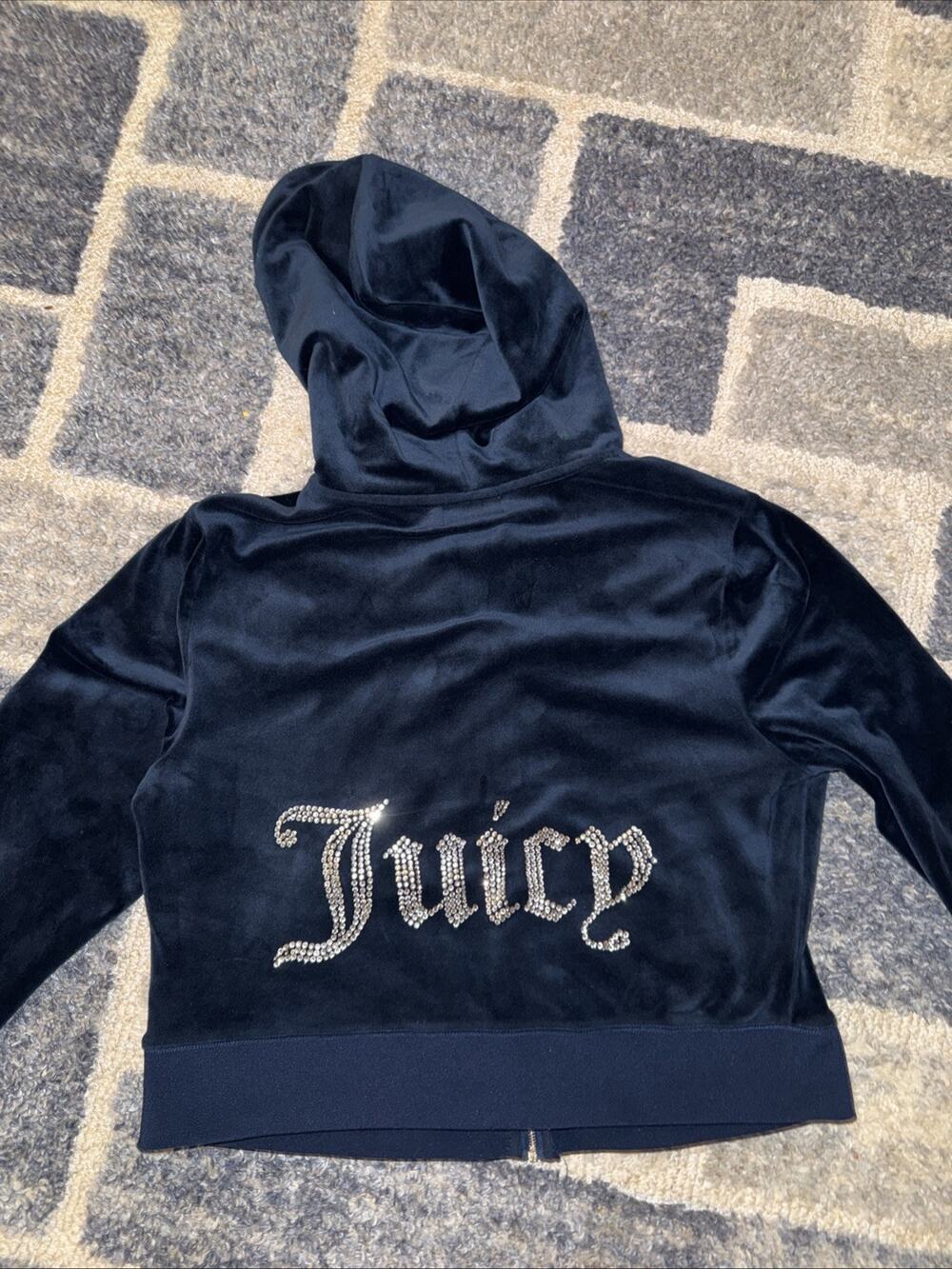 Y2K Juicy Couture Navy Blue Velour Rhinestone Zipper Hoodie XL